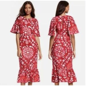 Rhode x Target NWT 4 Red Zinnia Midi Dress Floral Print Bell Sleeve Keyhole Back